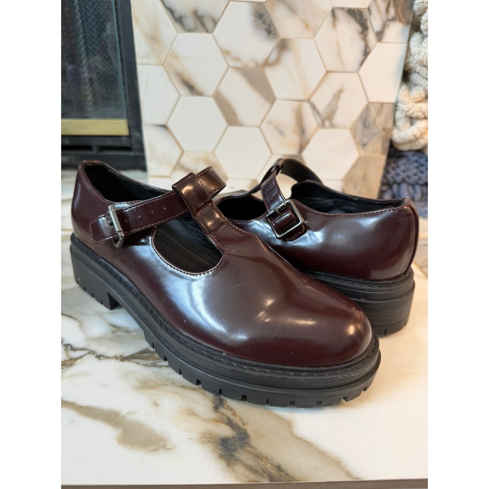 No Boundaries Mary Jane Womens 9 Burgundy T-Strap Chunky Lug Sole Doc M Style